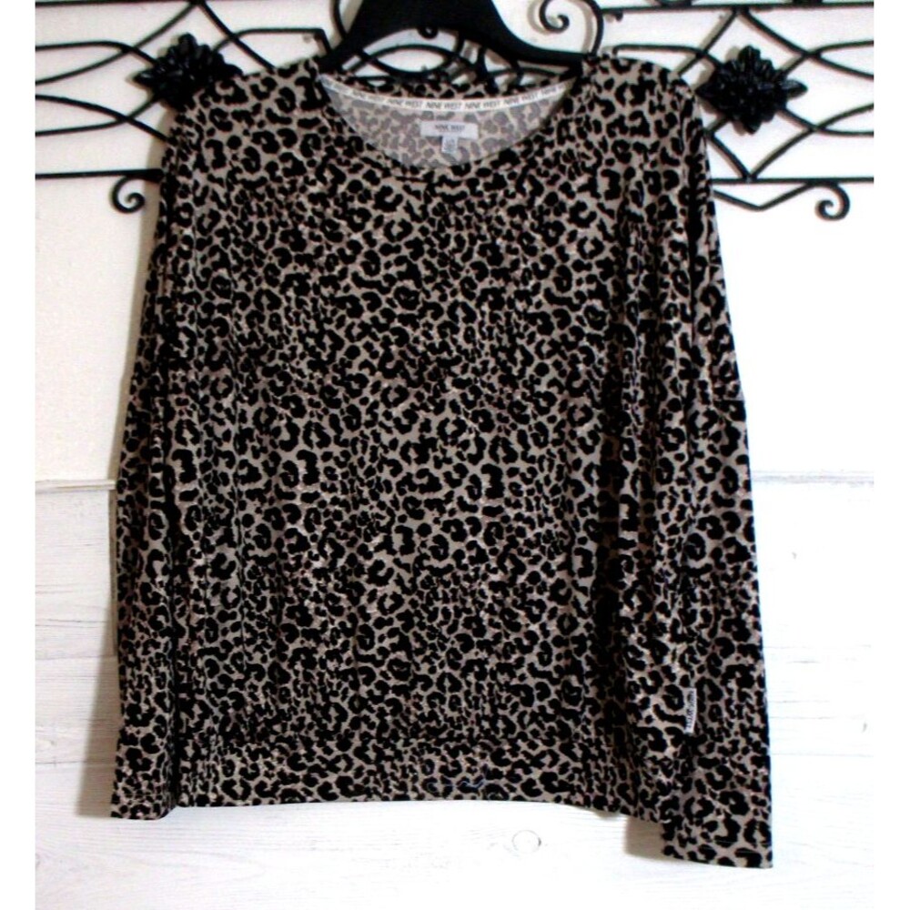 Nine West Women's Knit Top Size L Long Sleeve Multicolored Leopard Round Neck